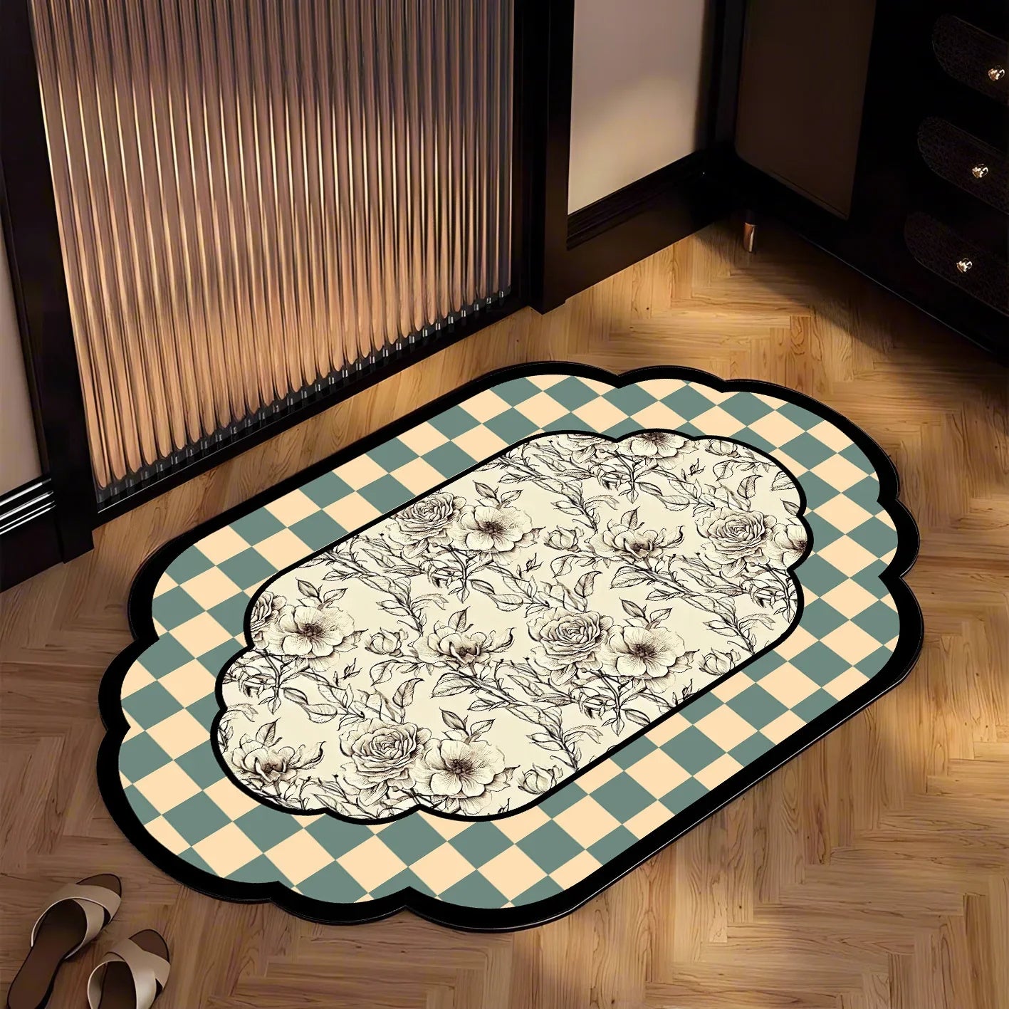 Ancient Style Bathroom Floor with Super Absorbent Floor Mat Diatomaceous Earth Foot Mat at the Entrance of the Bathroom