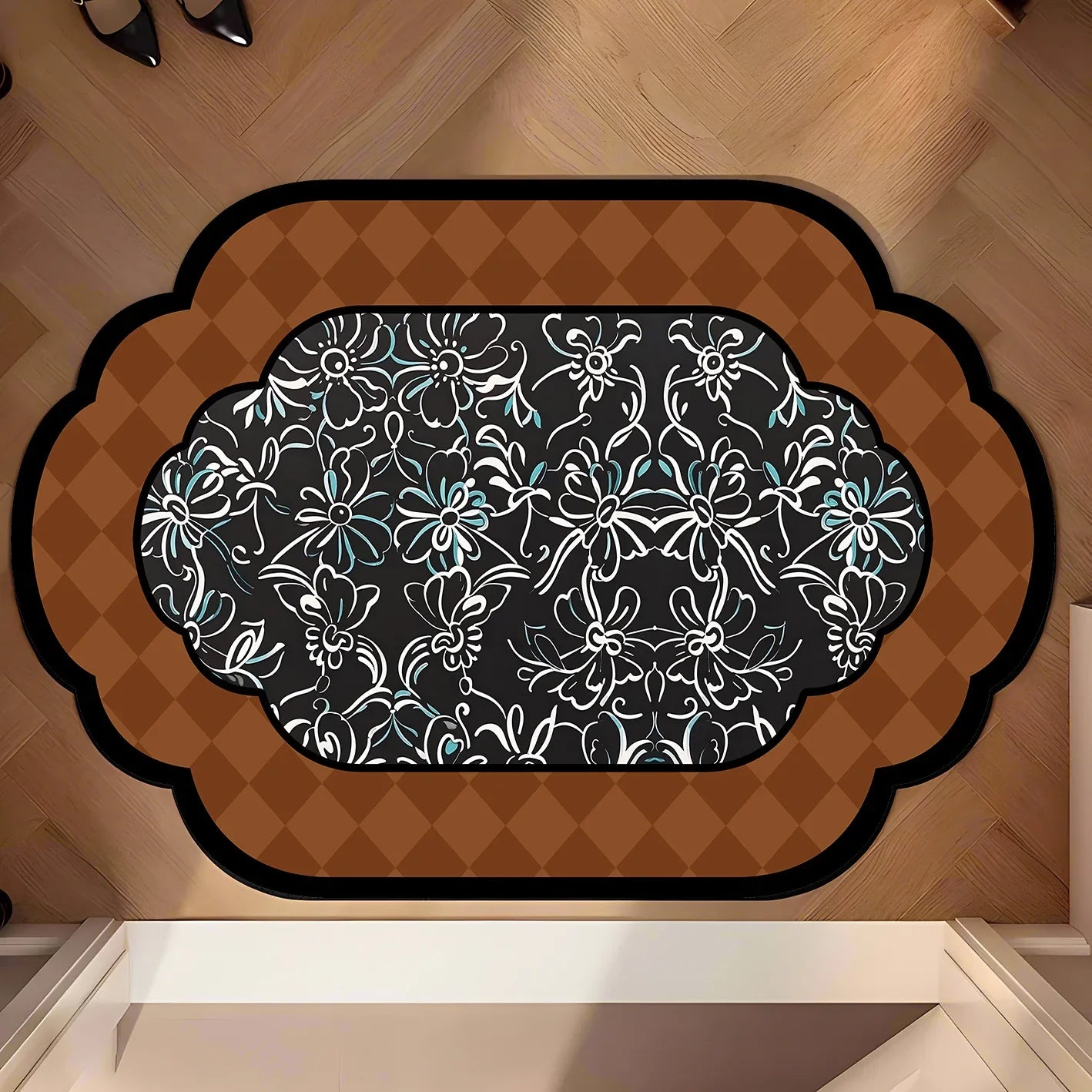 Ancient Style Bathroom Floor with Super Absorbent Floor Mat Diatomaceous Earth Foot Mat at the Entrance of the Bathroom